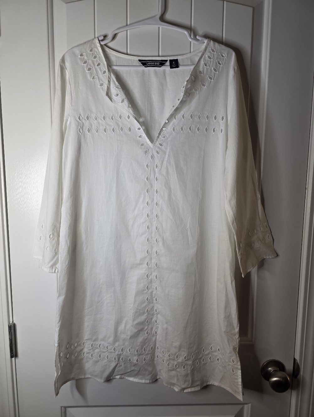 Lands' End White Cotton Eyelet V-Neck Tunic Swim Cover Up Small NWOT ❤️